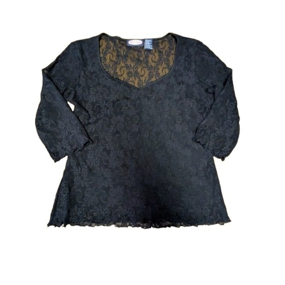 Zoey Beth Vintage Y2K Black Floral Lace Mesh Top 3/4 Sleeve Lettuce Hem Medium